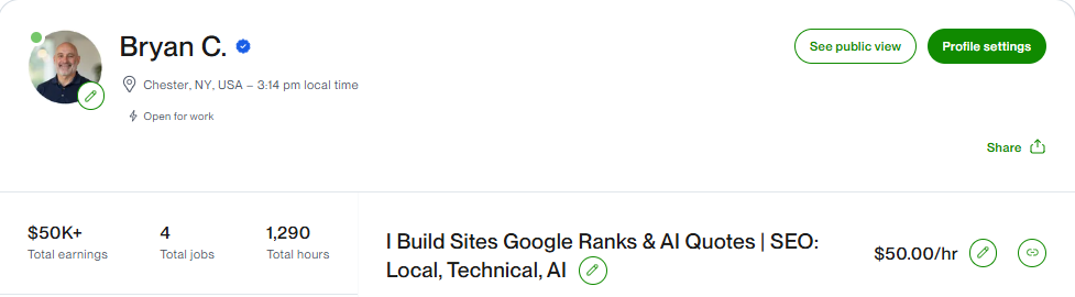 Bryan Collins' verified Upwork profile: $50K+ total earnings, 4 jobs, 1,290 total hours