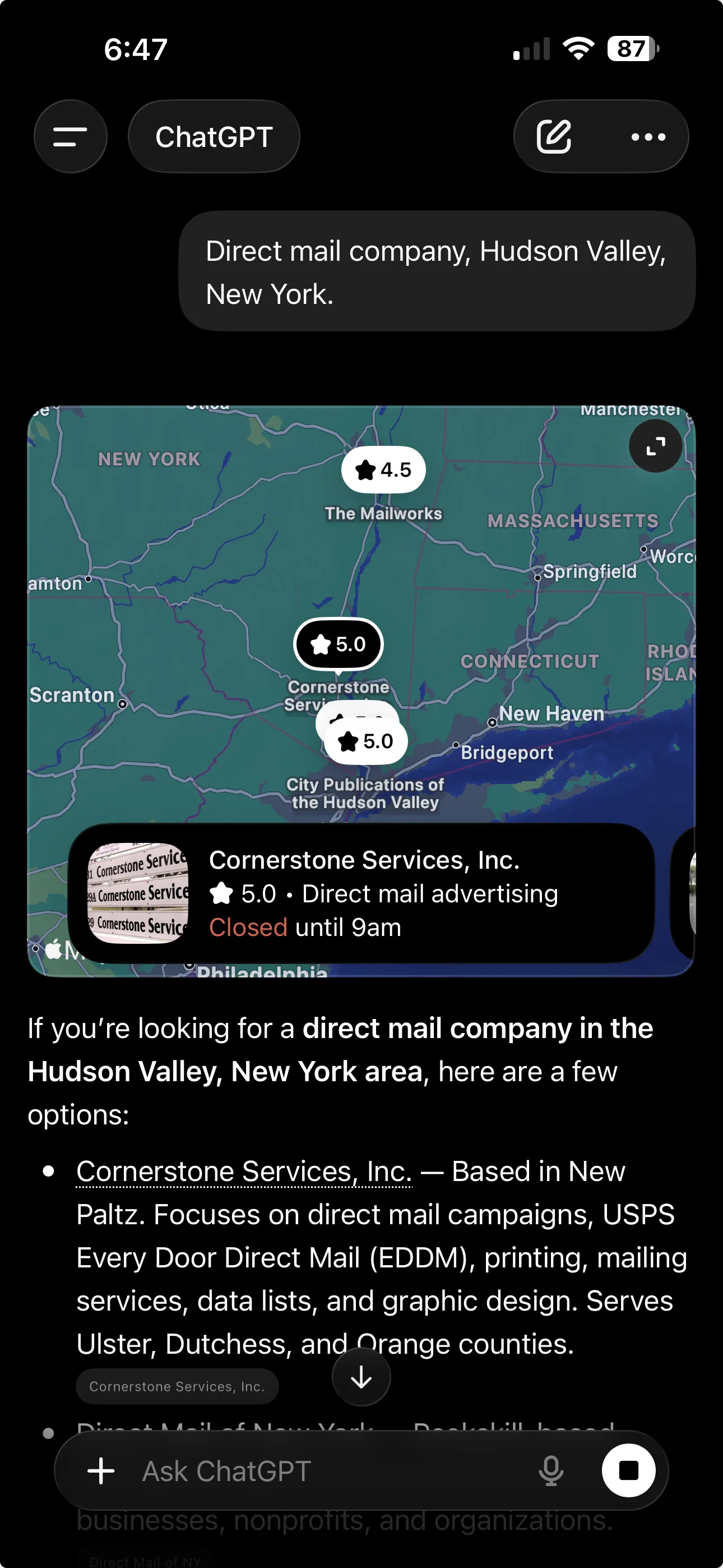 ChatGPT screenshot showing Cornerstone Services cited as top direct mail company in Hudson Valley New York